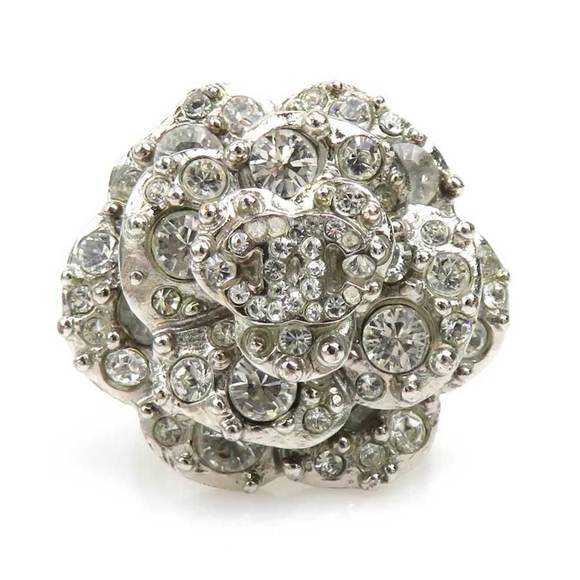 CHANEL Camellia Coco Mark Metal Rhinestone Silver Ring for Women e60723a - Picture 1 of 5